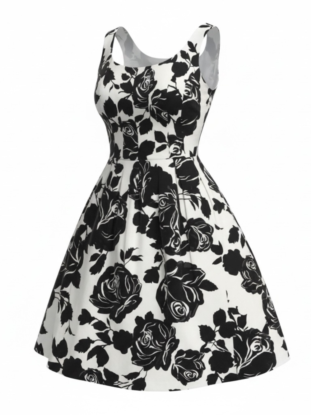 WHBM Floral Dress Size 0 Black White Fit Flare Midi Elegant